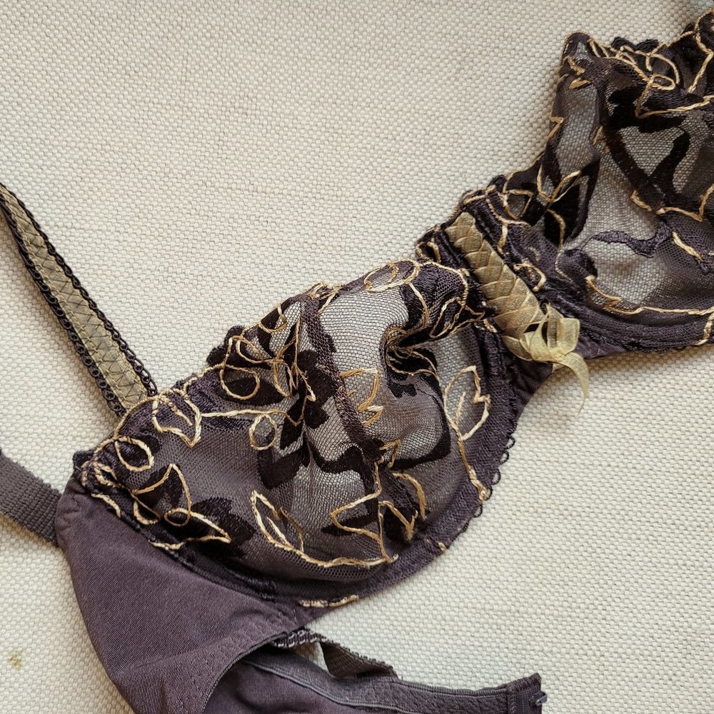 Sexy 36D Aubade balconette bra. Brown lace with gold. Vintage circa 2008